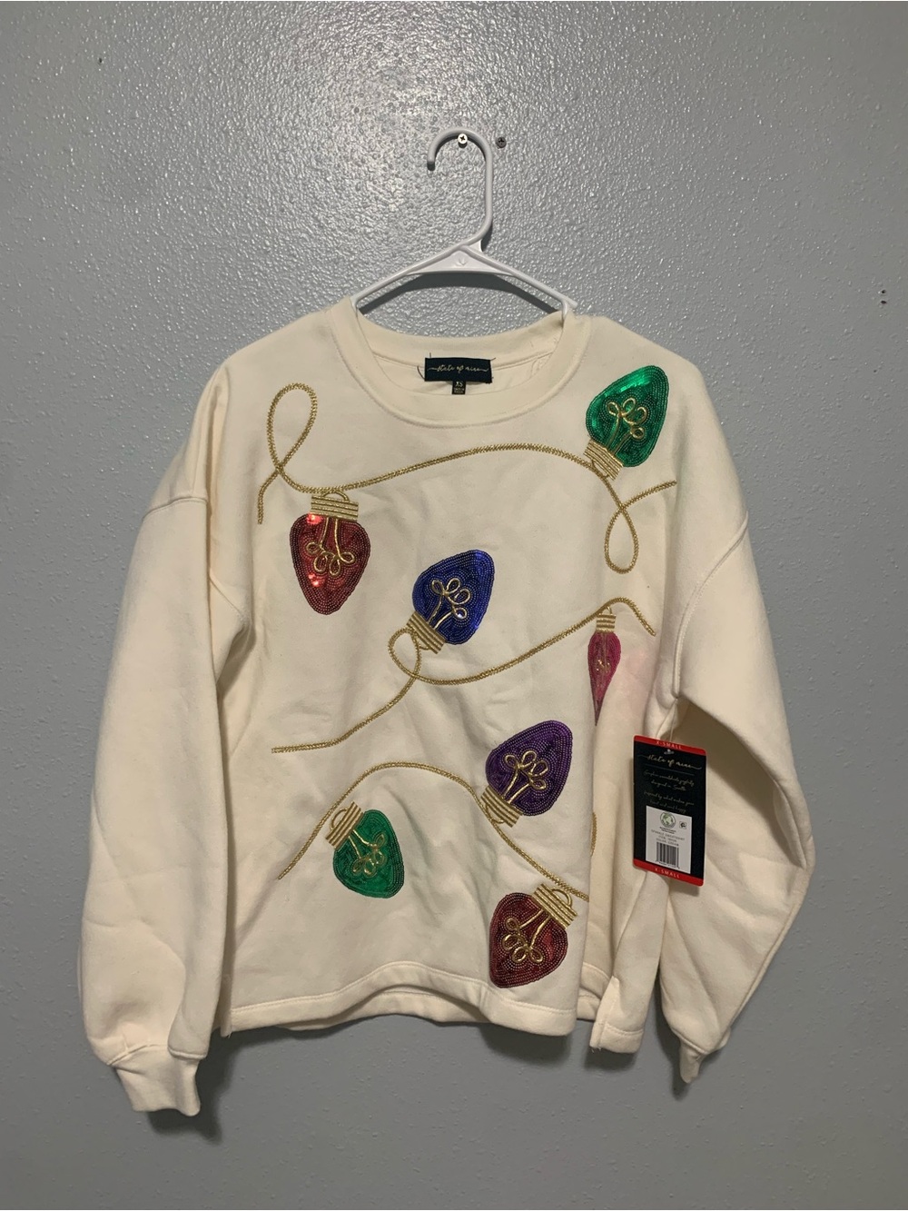 State of Mind Cream Sweatshirt with Embellished Holiday Bulbs